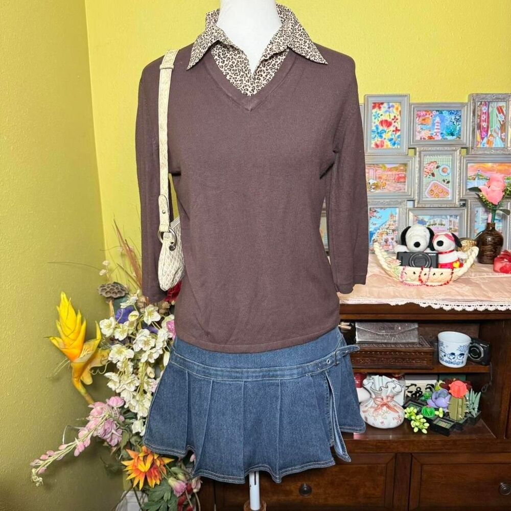 Notations 3/4 Sleeve Top Leopard Print Collar Women’s Petite Medium